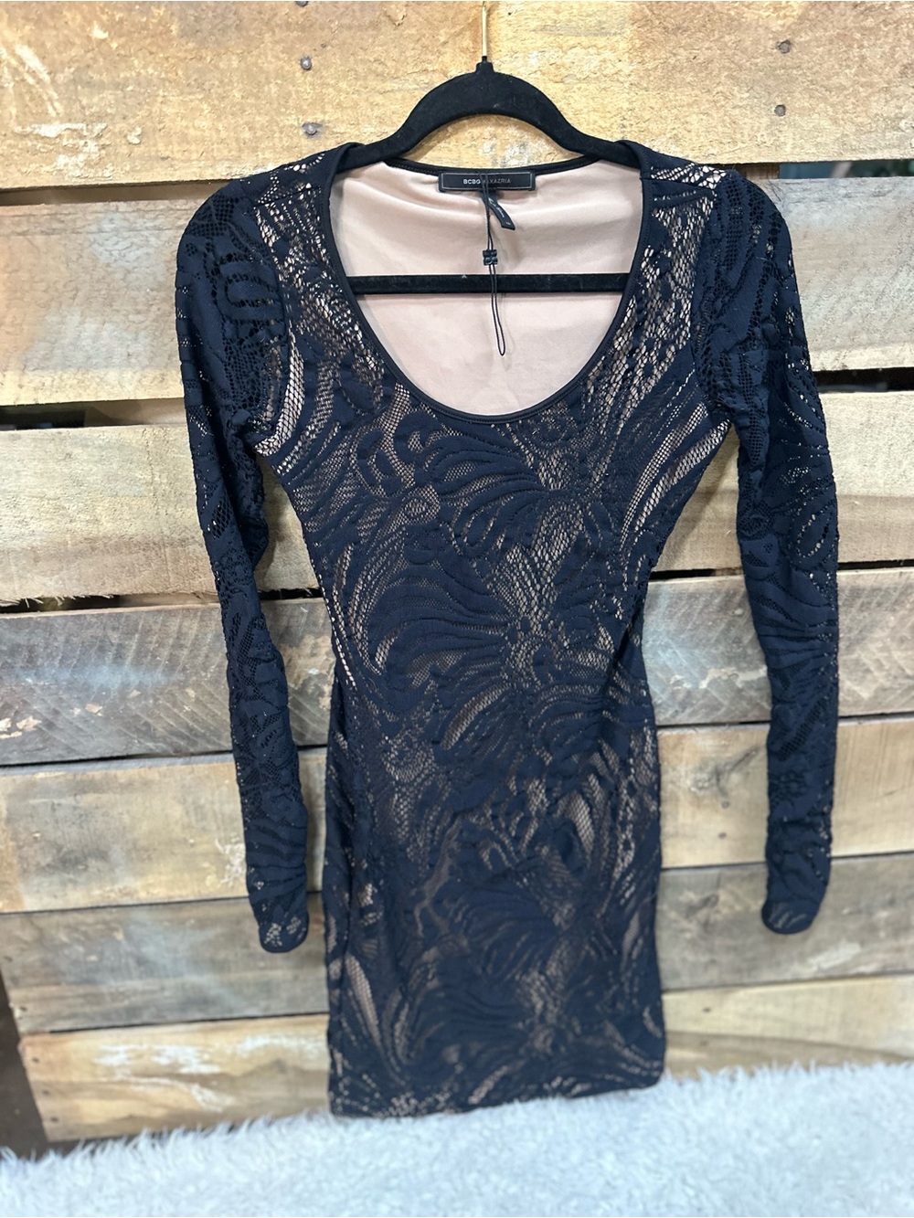 BCBGMaxAzria Black Lace Long-Sleeve Sheer Overlay Dress